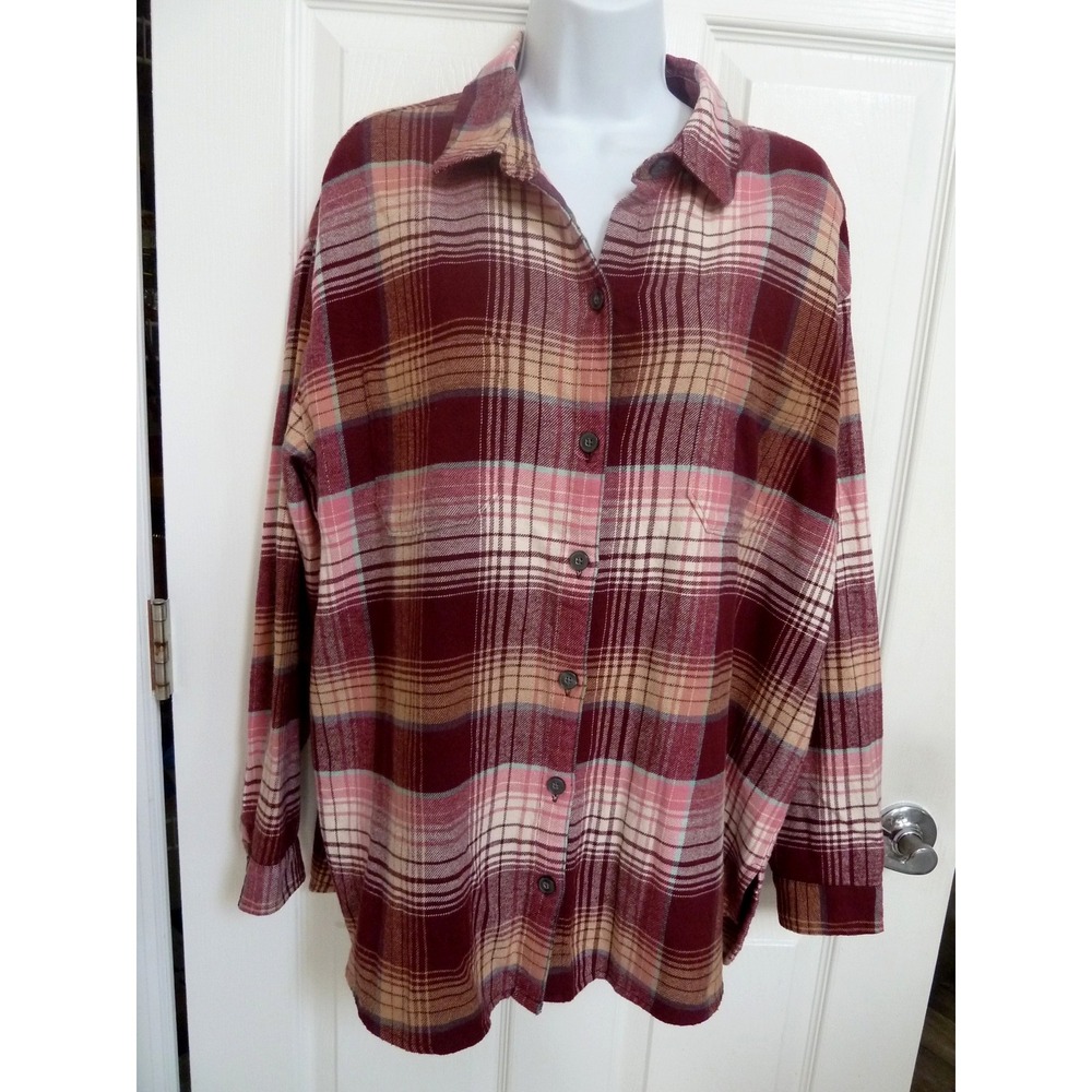 Old Navy The Boyfriend Shirt Plaid Flannel Burgundy Pink L 12 14 Button Up